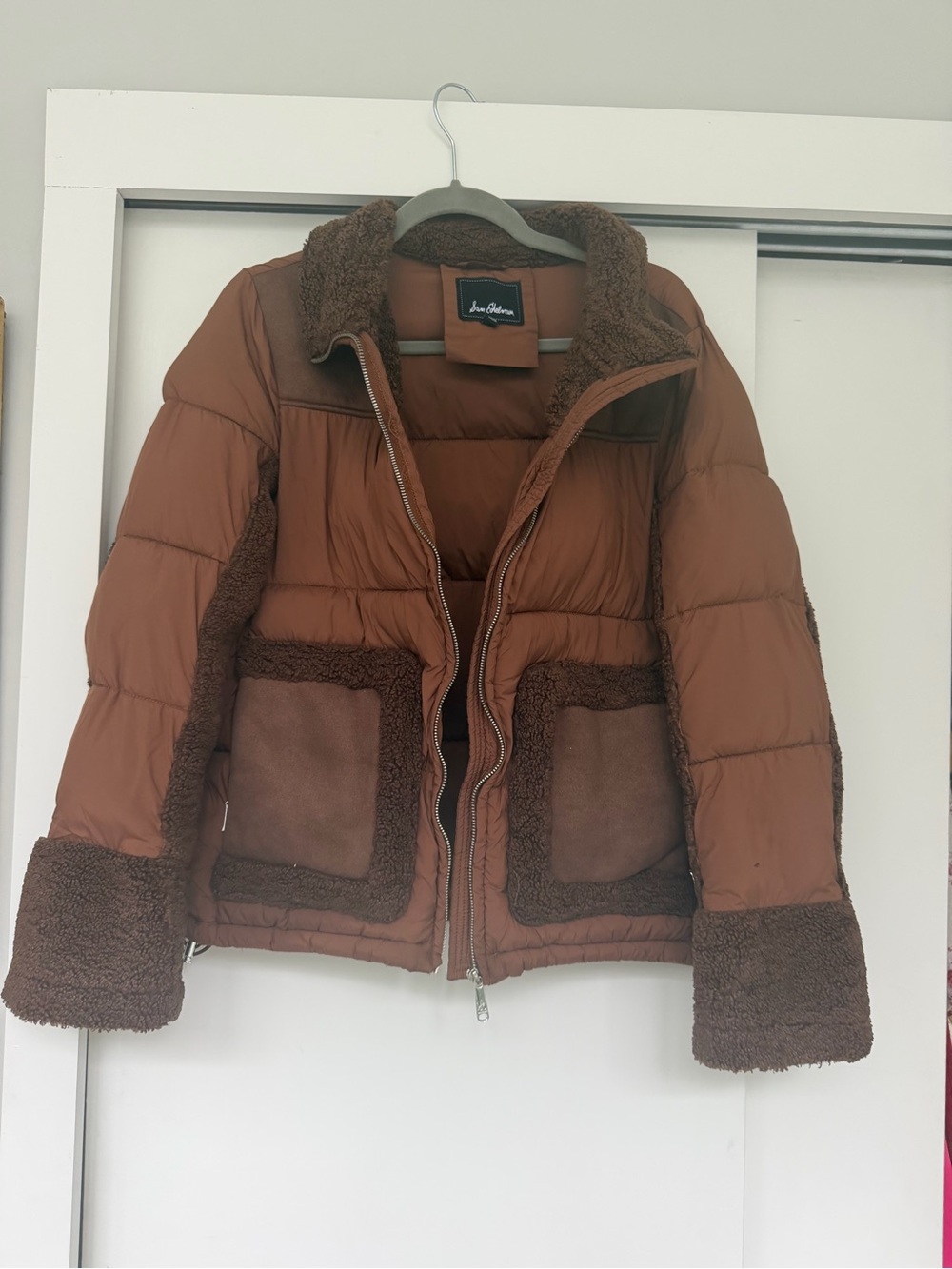 Sam Edelman Brown Sherpa-Trim Puffer Jacket